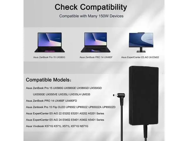 Alt view image 2 of 6 - 150W Laptop AC Power Adapter for ASUS, 19.5V 4.5×3.0mm Center Pin Tip, Compatible with ADP-150CH D A18-150P1A Charger, Replacement for Zenbook & Vivobook Pro Series