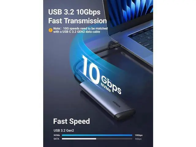Alt view image 3 of 5 - UGREEN M.2 NVMe SSD Enclosure, USB 3.2 Gen 2 10Gbps External SSD Reader Adapter, Supports M-Key & B+M Key NVMe SSD, Compatible with 2230/2242/2260/2280, UASP & TRIM Supported