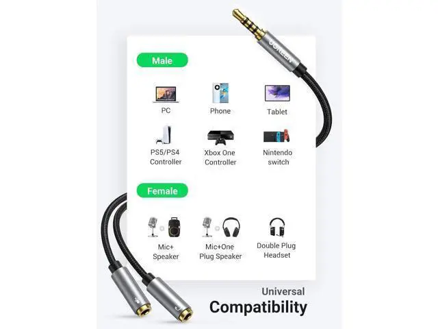 Alt view image 5 of 7 - UGREEN 3.5mm TRRS Headset Splitter Cable, 1 Male to 2 Female Mic & Audio Y Splitter Adapter for Switch 2, PS4, PS5, Steam Deck, Xbox, PC, Laptops, Phones & Tablets Gaming