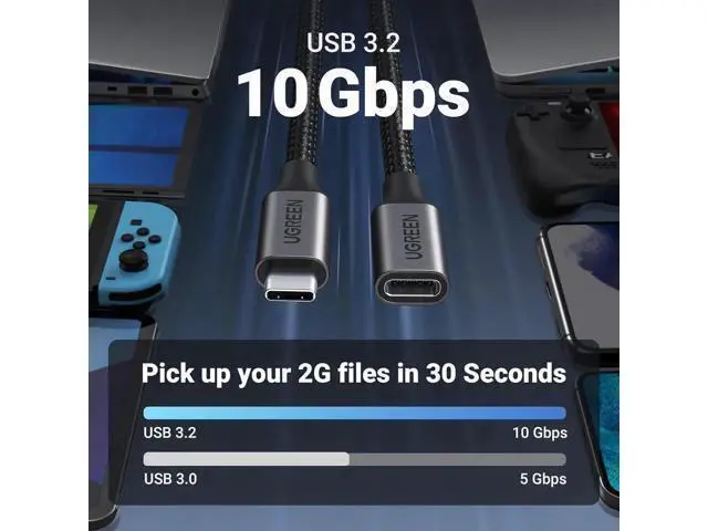 Alt view image 3 of 7 - UGREEN 3.3FT Black USB-C 3.2 Gen2 Extension Cable, 10Gbps Data Speed & 100W PD Fast Charging Male to Female Nylon Type-C Extender Cord for PSVR2, MacBook, iPad Pro, USB-C Hub, MagSafe Charger, iPhone