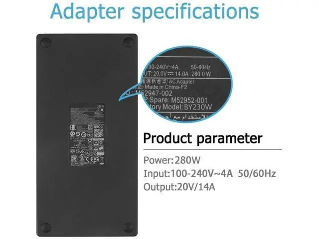 Alt view image 2 of 4 - 280W 20V 14A AC Charger 7.4×5.0mm Tip for HP Thunderbolt Dock G4, Z2 Mini G5 G9 Workstation, Fits PN M52952-001 M52947-003 M52947-002 TPN-DA25 TPN-CA25 L00458-002 TPC-CA61