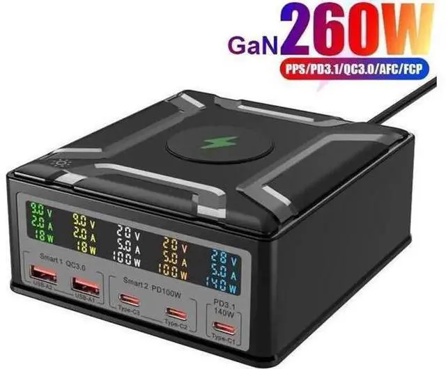 Main image of 260W Multi-Device Charging Station with LCD Display, 5-Port Desktop Charger Station Featuring 3 USB-C, 2 USB-A Ports & 15W Wireless Charger, Universal Fast Charging Dock for iPhone, iPad, Cell Phones,