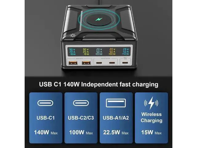 Alt view image 3 of 7 - 260W Multi-Device Charging Station with LCD Display, 5-Port Desktop Charger Station Featuring 3 USB-C, 2 USB-A Ports & 15W Wireless Charger, Universal Fast Charging Dock for iPhone, iPad, Cell Phones,