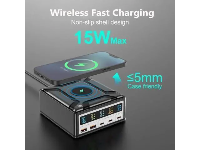 Alt view image 7 of 7 - 260W Multi-Device Charging Station with LCD Display, 5-Port Desktop Charger Station Featuring 3 USB-C, 2 USB-A Ports & 15W Wireless Charger, Universal Fast Charging Dock for iPhone, iPad, Cell Phones,
