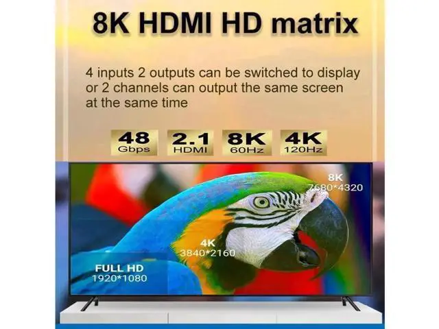 Alt view image 6 of 7 - 4×2 HDMI 2.1 48Gbps 8K Matrix Switch with US Power Adapter & IR Remote, 4 In 2 Out 8K@60Hz 4K@120Hz HDR Scaler Splitter HDCP2.3 UHD Video Distributor