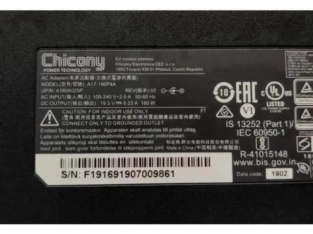 Alt view image 2 of 2 - Chicony 180W AC Adapter 19.5V 9.23A A17-180P4A, Replacement Charger for CLEVO P950HR N850HP6 MSI GS63VR GE72VR GS65 A15-180P1A