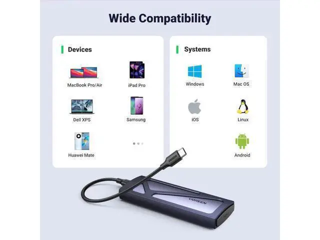 Alt view image 3 of 5 - UGREEN Tool-Free USB C M.2 NVMe SSD Enclosure, USB 3.2 Gen2 10Gbps External SSD Reader Adapter, Compatible with M Key & B+M Key NVMe SSD in 2230/2242/2260/2280 Sizes