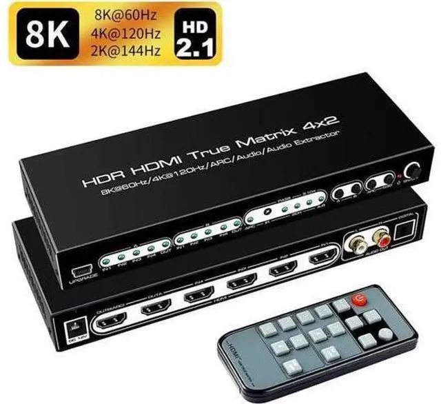 Main image of 4 In 2 Out HDMI 2.1 8K Matrix Switch with IR Remote, 4×2 Video Splitter Converter, Optical SPDIF 5.1CH + L/R Analog Audio Extractor Support 8K@60Hz 4K@120Hz HDR10 Dolby Vision Atmos ARC HDCP2.3
