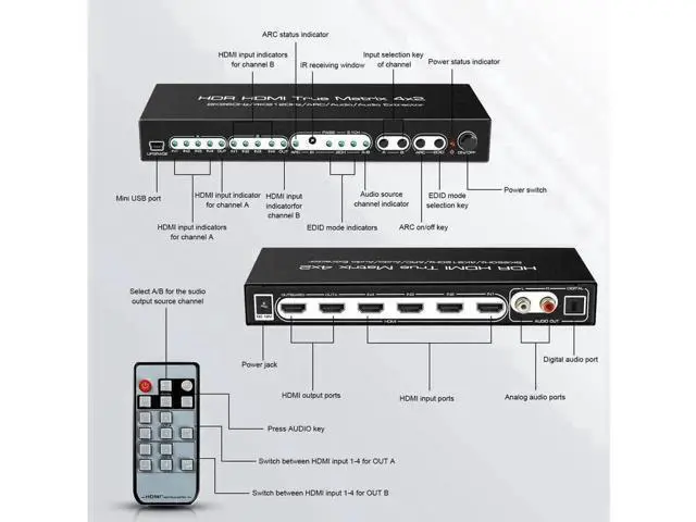 Alt view image 3 of 7 - 4 In 2 Out HDMI 2.1 8K Matrix Switch with IR Remote, 4×2 Video Splitter Converter, Optical SPDIF 5.1CH + L/R Analog Audio Extractor Support 8K@60Hz 4K@120Hz HDR10 Dolby Vision Atmos ARC HDCP2.3