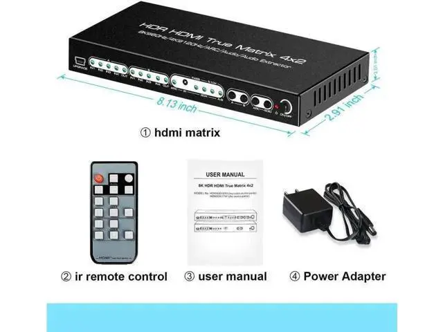 Alt view image 5 of 7 - 4 In 2 Out HDMI 2.1 8K Matrix Switch with IR Remote, 4×2 Video Splitter Converter, Optical SPDIF 5.1CH + L/R Analog Audio Extractor Support 8K@60Hz 4K@120Hz HDR10 Dolby Vision Atmos ARC HDCP2.3