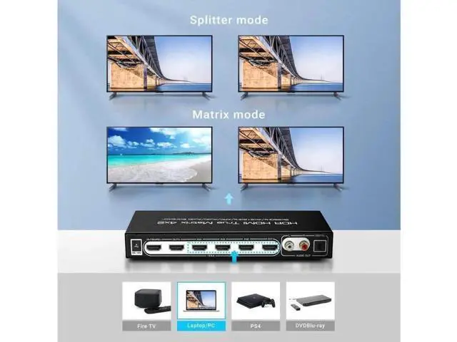 Alt view image 4 of 7 - 4 In 2 Out HDMI 2.1 8K Matrix Switch with IR Remote, 4×2 Video Splitter Converter, Optical SPDIF 5.1CH + L/R Analog Audio Extractor Support 8K@60Hz 4K@120Hz HDR10 Dolby Vision Atmos ARC HDCP2.3