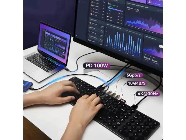 Alt view image 3 of 7 - 9-in-1 Aluminum USB C Hub Integrated Full-Size Numeric Keyboard, 4K HDMI 100W PD SD TF Card Reader 4 USB Ports Compatible with Mac Windows Android