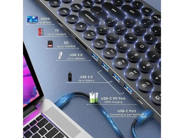 Alt view image 2 of 7 - 9-in-1 Aluminum USB C Hub Integrated Full-Size Numeric Keyboard, 4K HDMI 100W PD SD TF Card Reader 4 USB Ports Compatible with Mac Windows Android