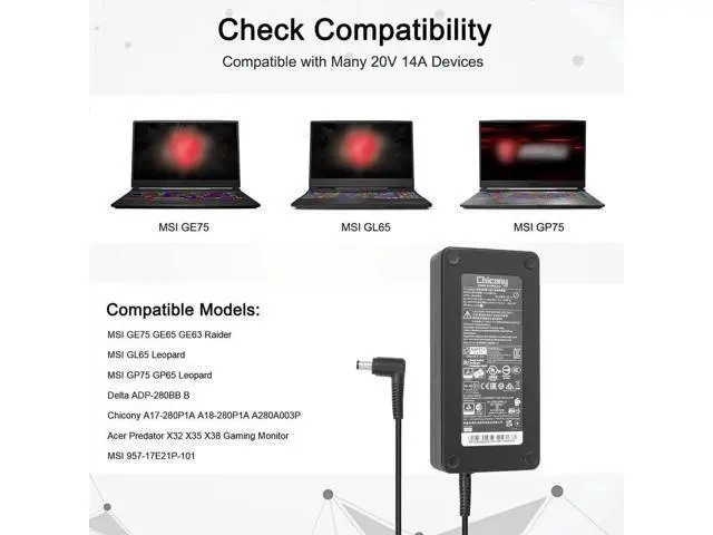 Alt view image 5 of 7 - 280W 20V 14A Gaming Laptop AC Charger Power Adapter Compatible with MSI GE75 GE65 GE63 GL65 GP75 GP65, OEM Part A18-280P1A A280A003P ADP-280BB B 957-17E21P-101
