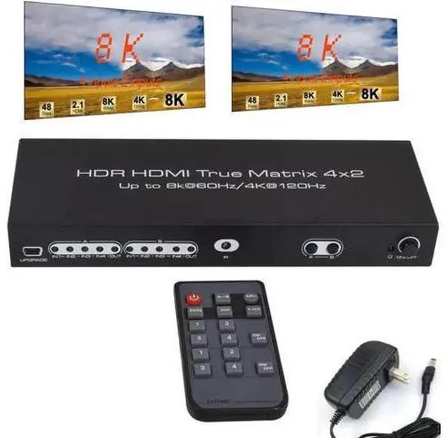 Main image of 4x2 HDMI 2.1 Matrix Switch Splitter, 4 In 2 Out 8K@60Hz 4K@120Hz HDR Scaler, HDCP2.3 40Gbps Bandwidth with IR Remote & Power Adapter