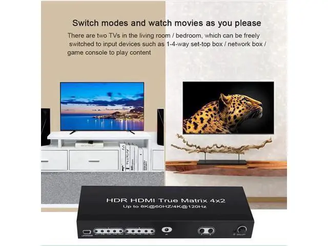 Alt view image 4 of 6 - 4x2 HDMI 2.1 Matrix Switch Splitter, 4 In 2 Out 8K@60Hz 4K@120Hz HDR Scaler, HDCP2.3 40Gbps Bandwidth with IR Remote & Power Adapter
