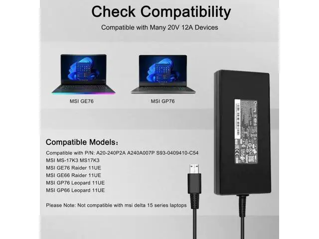 Alt view image 5 of 7 - 240W USB Tip Gaming Laptop Charger A20-240P2A A240A007P S93-0409410-C54 for MSI GE76 GE66 GP76 GP66 GS77 MS-17K3, Not Compatible with Delta 15 Series & Not a Replacement for 280W Adapter