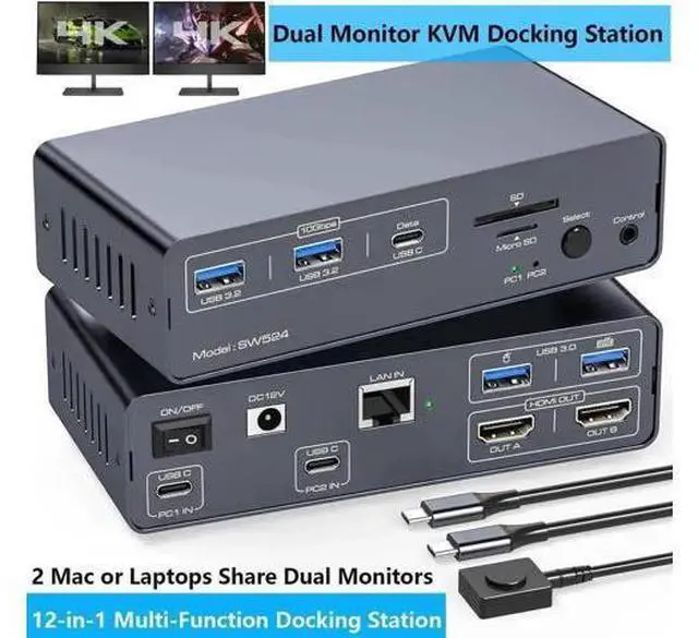 Main image of USB-C KVM Docking Station for 2 Computers & 2 Monitors, Dual HDMI 4K@60Hz KVM Switch with Built-in EDID Emulator, Share 1G Ethernet, 5×USB A/C Ports, SD & MicroSD Card Reader, Compatible with Dual Mac