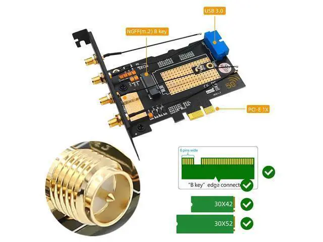 Alt view image 5 of 6 - M.2 Wifi Module to PCIE X1 / USB 3.0 Expansion Card 4 Antennas NANO SIM Slot NGFF B Key for 30x42/52 3G 4G 5G M2 Wireless Module