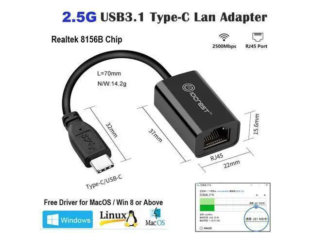 Alt view image 6 of 6 - USB 3.1 USB C Ethernet Adapter 2.5Gb Network Card 2500Mbps RJ45 to Type C Lan Adapter a RJ45 Dongle Realtek RTL8156B Chip for PC