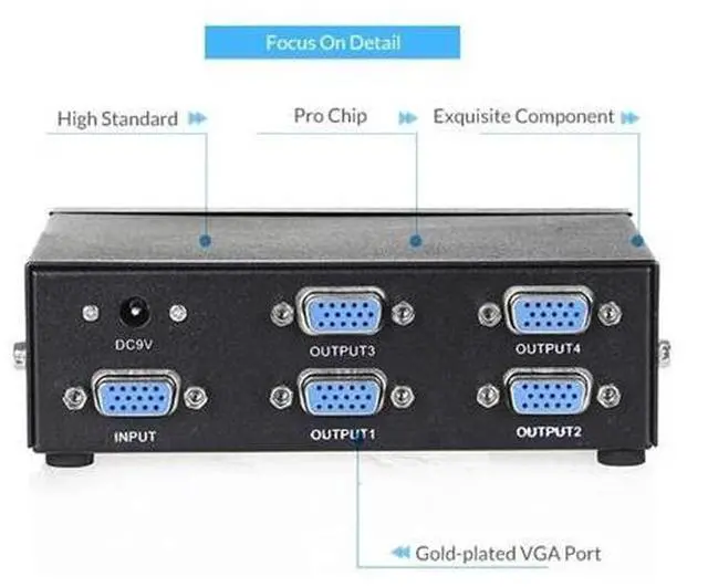 Main image of 4 Port VGA Splitter 1 In 4 Out 1080P VGA Distributor Splitter 1x4 Video Screen Duplication Converter Support 200MHz Bandwidth(US Plug)