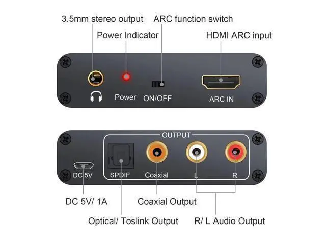 Alt view image 2 of 6 - 192KHz HDMI ARC Audio Extractor Digital to Analog Audio Converter ARC L/R Coaxial SPDIF 3.5mm Extractor Return Channel for TV