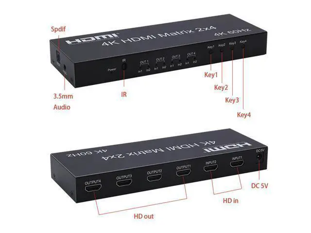Alt view image 3 of 6 - 4K@60Hz 1080 2x4 Switcher Splitter HDMI-Compatible Video Adapter SPDIF 3.5mm Audio 2 in 4 out for Mi Box XBOX One X PS4 PC to TV(With EU Plug)