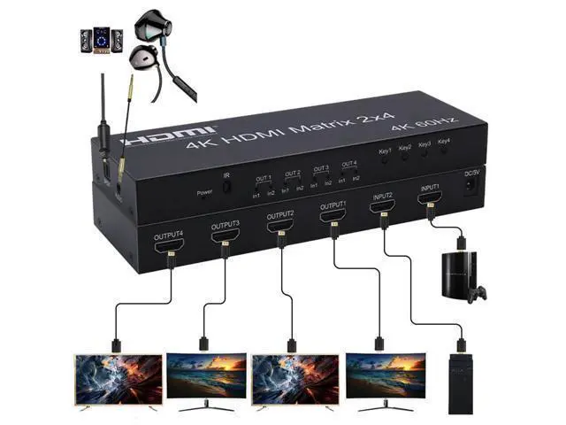 Alt view image 2 of 6 - 4K@60Hz 1080 2x4 Switcher Splitter HDMI-Compatible Video Adapter SPDIF 3.5mm Audio 2 in 4 out for Mi Box XBOX One X PS4 PC to TV(With EU Plug)