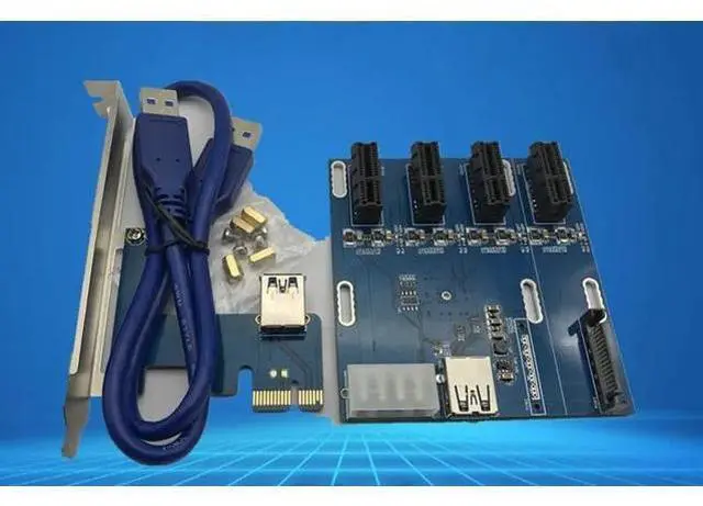 Main image of blue PCIe 1 to 4 PCI express 1X slots Riser Card Mini ITX to external 4 PCI-e slot adapter PCIe Port Multiplier Card