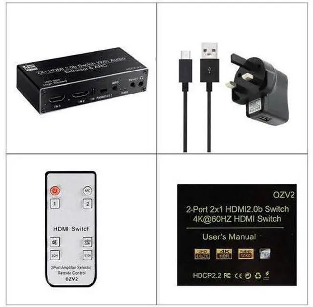Main image of 4K HDMI Switcher Audio Extractor 2 in 1 Out Selector with R/L+Toslink SPDIF+COAXIAL Audio out HDMI ARC Audio Switch 2x1 Adapter(UK power supply)