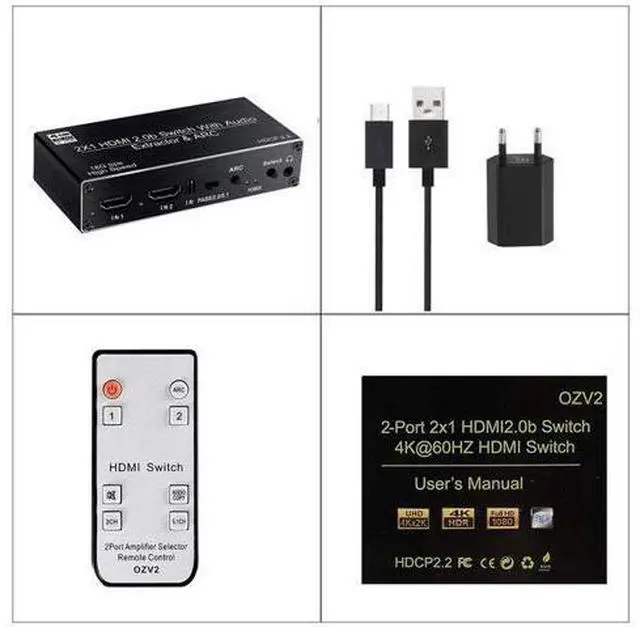 Main image of 4K HDMI Switcher Audio Extractor 2 in 1 Out Selector with R/L+Toslink SPDIF+COAXIAL Audio out HDMI ARC Audio Switch 2x1 Adapter(EU power supply)