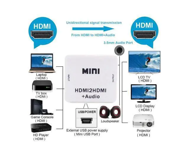 Alt view image 2 of 6 - HDMI Audio Extractor 1080P HDMI to HDMI 3.5mm Audio Adapter with 3.5mm jack AUX Stereo Audio Separate Output For PC Laptop HDTV