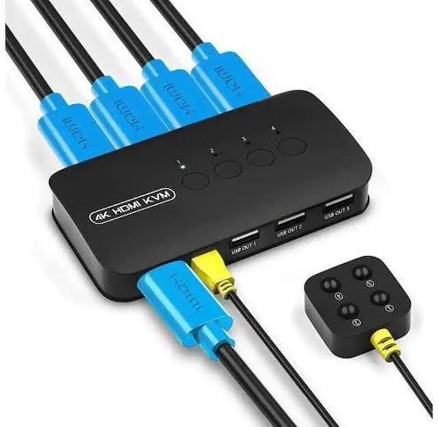 Main image of 4 Port HDMI KVM Switch 4K@30Hz, 4-In-1 Out KVM Switcher with 4 KVM Cables, Share One Monitor Keyboard Mouse Printer for 4 PCs