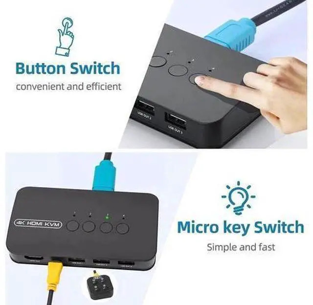 Alt view image 2 of 6 - 4 Port HDMI KVM Switch 4K@30Hz, 4-In-1 Out KVM Switcher with 4 KVM Cables, Share One Monitor Keyboard Mouse Printer for 4 PCs