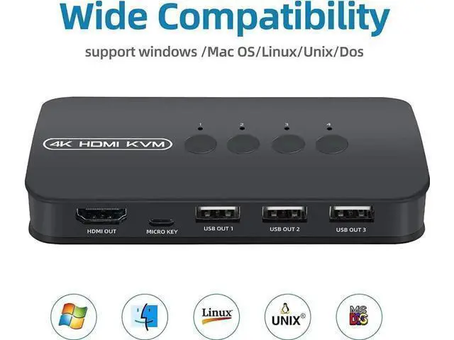 Alt view image 4 of 6 - 4 Port HDMI KVM Switch 4K@30Hz, 4-In-1 Out KVM Switcher with 4 KVM Cables, Share One Monitor Keyboard Mouse Printer for 4 PCs