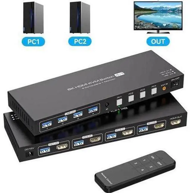 Main image of 4 Port HDMI USB3.0 KVM Switch 8K@60Hz/4K@120Hz, 4-In-1-Out Single Monitor KVM Switch for 4 PCs, With 4 USB Cables & Wireless Remote Controller