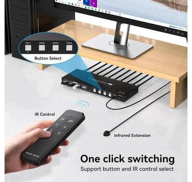 Alt view image 7 of 7 - 4 Port HDMI USB3.0 KVM Switch 8K@60Hz/4K@120Hz, 4-In-1-Out Single Monitor KVM Switch for 4 PCs, With 4 USB Cables & Wireless Remote Controller