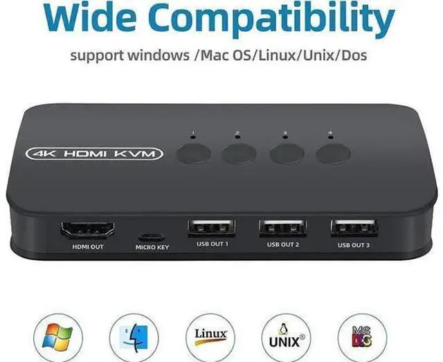 Alt view image 6 of 6 - 4 Port HDMI KVM Switch 4K@30Hz, 4 Computers Share Single Monitor Keyboard Mouse Printer, Comes with 4 KVM Combo Cables