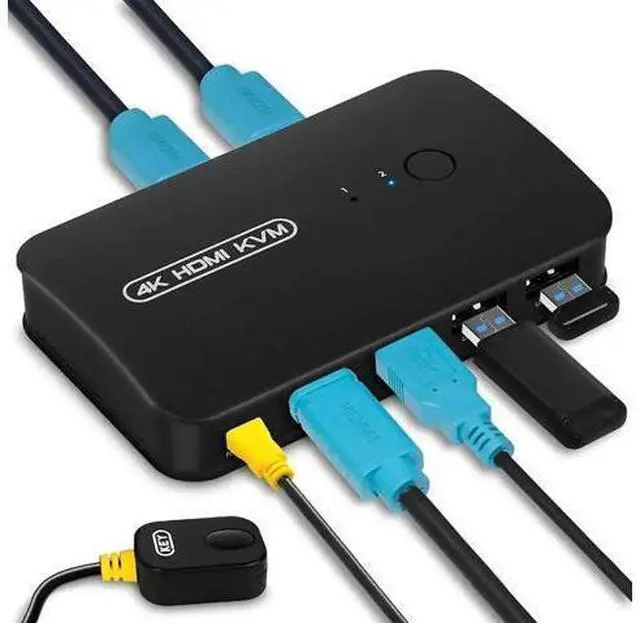 Main image of 2-Port HDMI KVM Switch, 2 PCs Share One 4K Monitor, Keyboard, Mouse & Printer, With Wired Controller & 2 KVM Cables