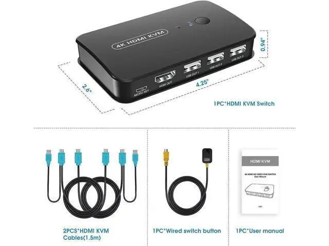 Alt view image 4 of 7 - 2-Port HDMI KVM Switch, 2 PCs Share One 4K Monitor, Keyboard, Mouse & Printer, With Wired Controller & 2 KVM Cables