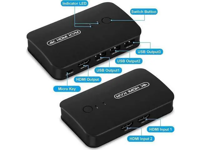 Alt view image 5 of 7 - 2-Port HDMI KVM Switch, 2 PCs Share One 4K Monitor, Keyboard, Mouse & Printer, With Wired Controller & 2 KVM Cables