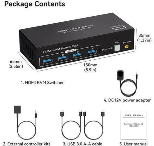 Alt view image 4 of 7 - 2x2 Dual Monitor HDMI KVM Switch 4K@60Hz, 2 Port KVM Switcher with 4 USB 3.0 Ports, Desktop Controller & 2 USB 3.0 Cables for 2 PCs Share Two Displays