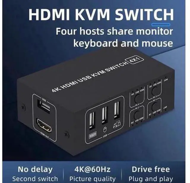 Alt view image 2 of 5 - 4 Port 4 In 1 Out HDMI KVM Switch 4K@60Hz HDCP 2.2, USB KVM Switcher with Desktop Wired Controller for PC Laptop Windows Mac