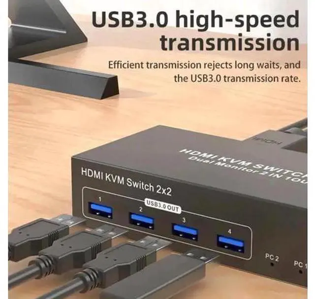 Alt view image 2 of 7 - 2x2 Dual Monitor HDMI KVM Switch 4K@60Hz, USB 3.0 KVM Switcher for 2 PCs Share 2 Monitors & 4 USB 3.0 Devices, Desktop Remote + 2 USB Cables Included