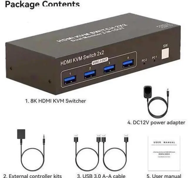 Alt view image 4 of 7 - 2x2 Dual Monitor HDMI KVM Switch 4K@60Hz, USB 3.0 KVM Switcher for 2 PCs Share 2 Monitors & 4 USB 3.0 Devices, Desktop Remote + 2 USB Cables Included