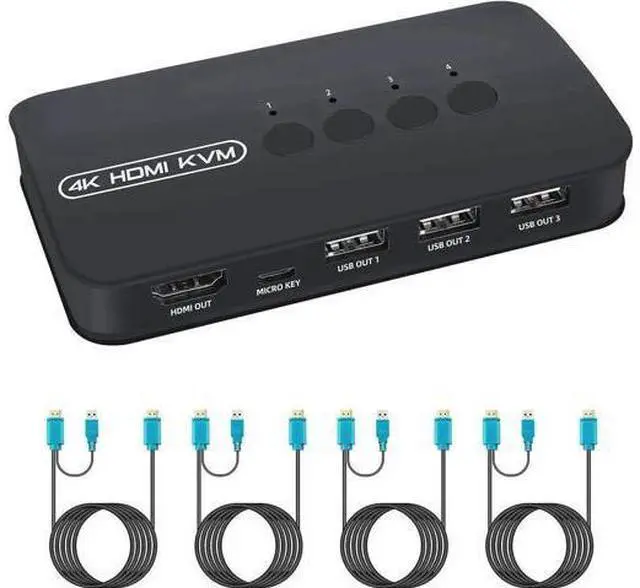 Main image of 4-Port HDMI KVM Switch, 4 PCs Share Single 4K Monitor, Keyboard, Mouse & Printer, Comes with 4 KVM Cables
