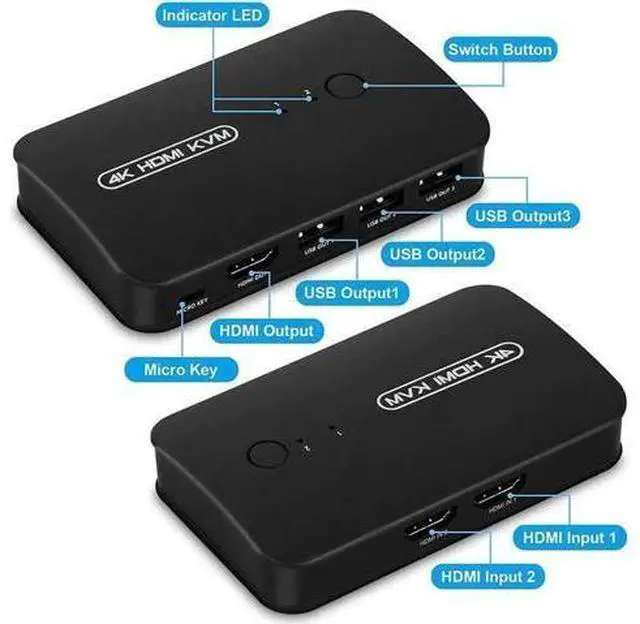 Alt view image 3 of 5 - 2-Port HDMI KVM Switch, 2 PCs Share One 4K Monitor, Keyboard, Mouse & Printer, 2 KVM Cables Included