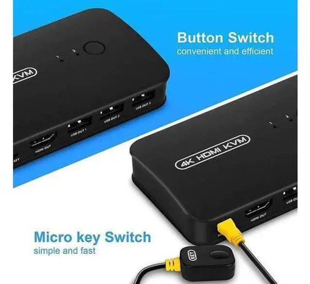 Alt view image 5 of 5 - 2-Port HDMI KVM Switch, 2 PCs Share One 4K Monitor, Keyboard, Mouse & Printer, 2 KVM Cables Included
