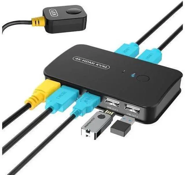 Main image of 2 Port HDMI KVM Switch Box 4K@30Hz, 2 Computers Share 1 HD Monitor Keyboard Mouse Printer, Equipped with Wired Controller & KVM Cables