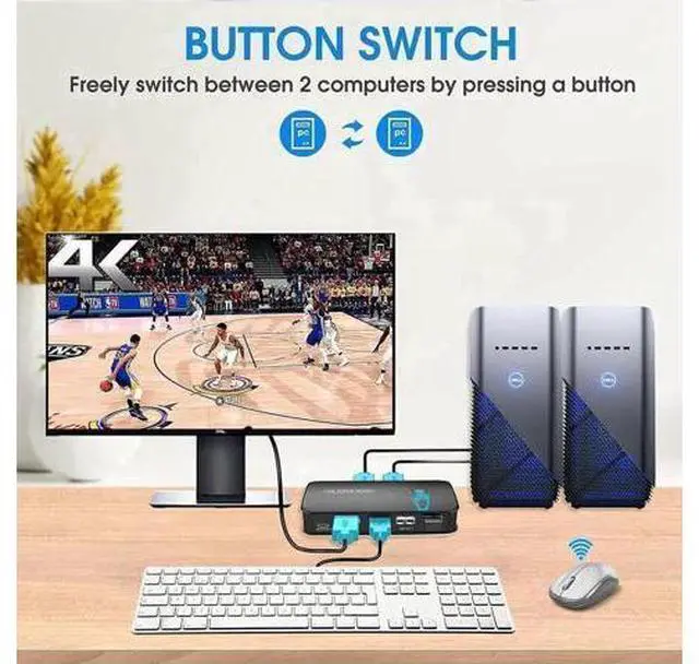 Alt view image 3 of 7 - 2 Port HDMI KVM Switch Box 4K@30Hz, 2 Computers Share 1 HD Monitor Keyboard Mouse Printer, Equipped with Wired Controller & KVM Cables